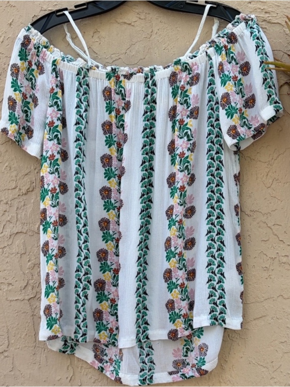 R1893 Striped Floral Off-Shoulder Tunic Top - White with Green & Pink